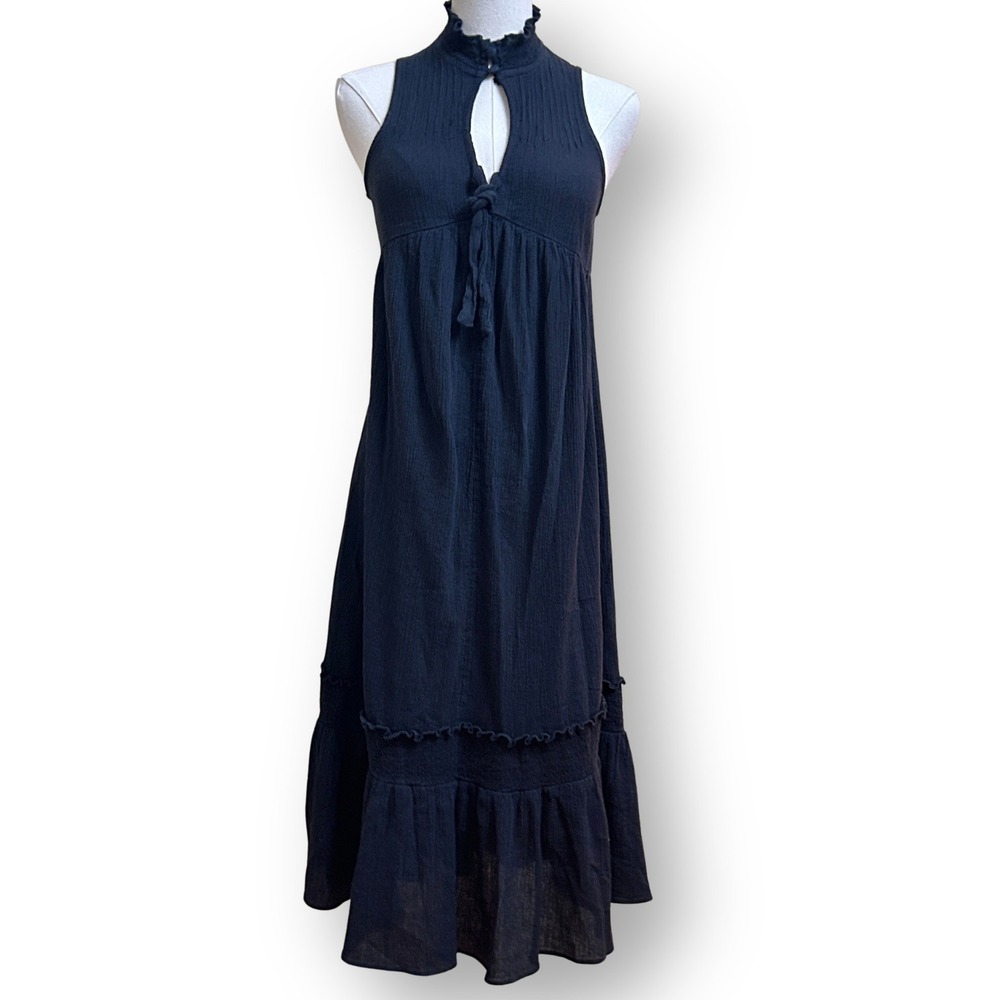 Urban Outfitters Black Gauze Ruffle Neck Keyhole Tiered Maxi Dress XS